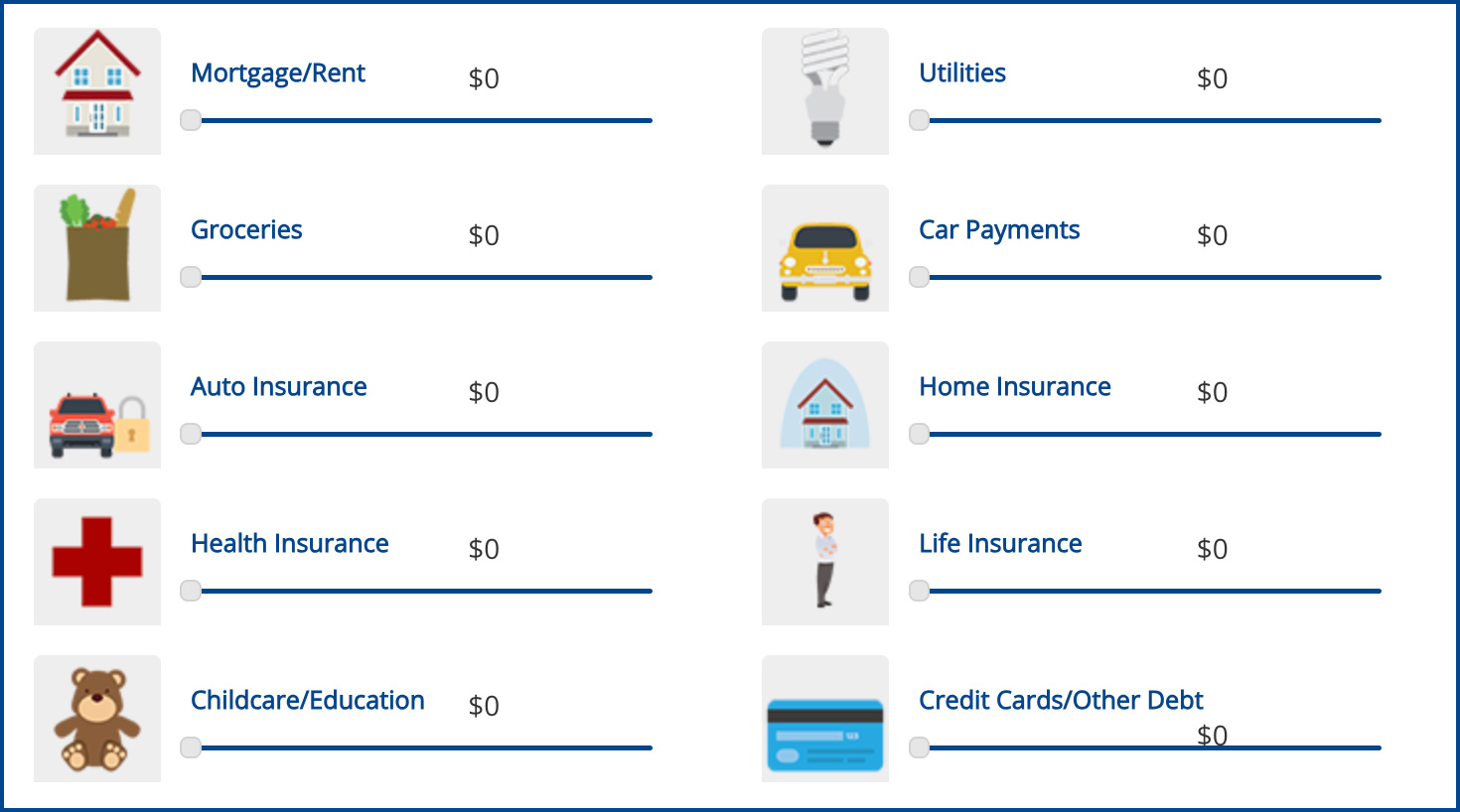 illustrated icons of various common household expenses