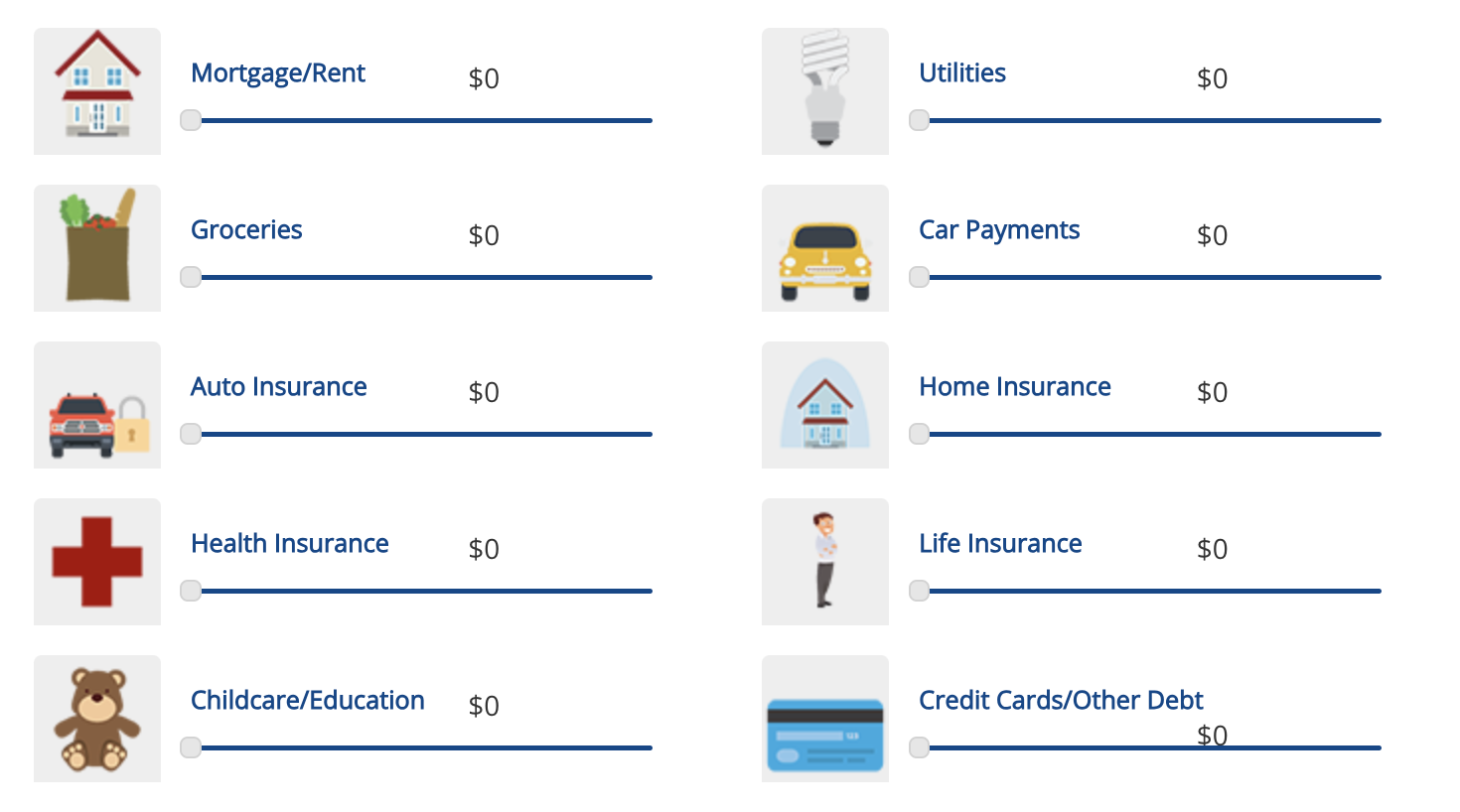 illustrated icons of various common household expenses