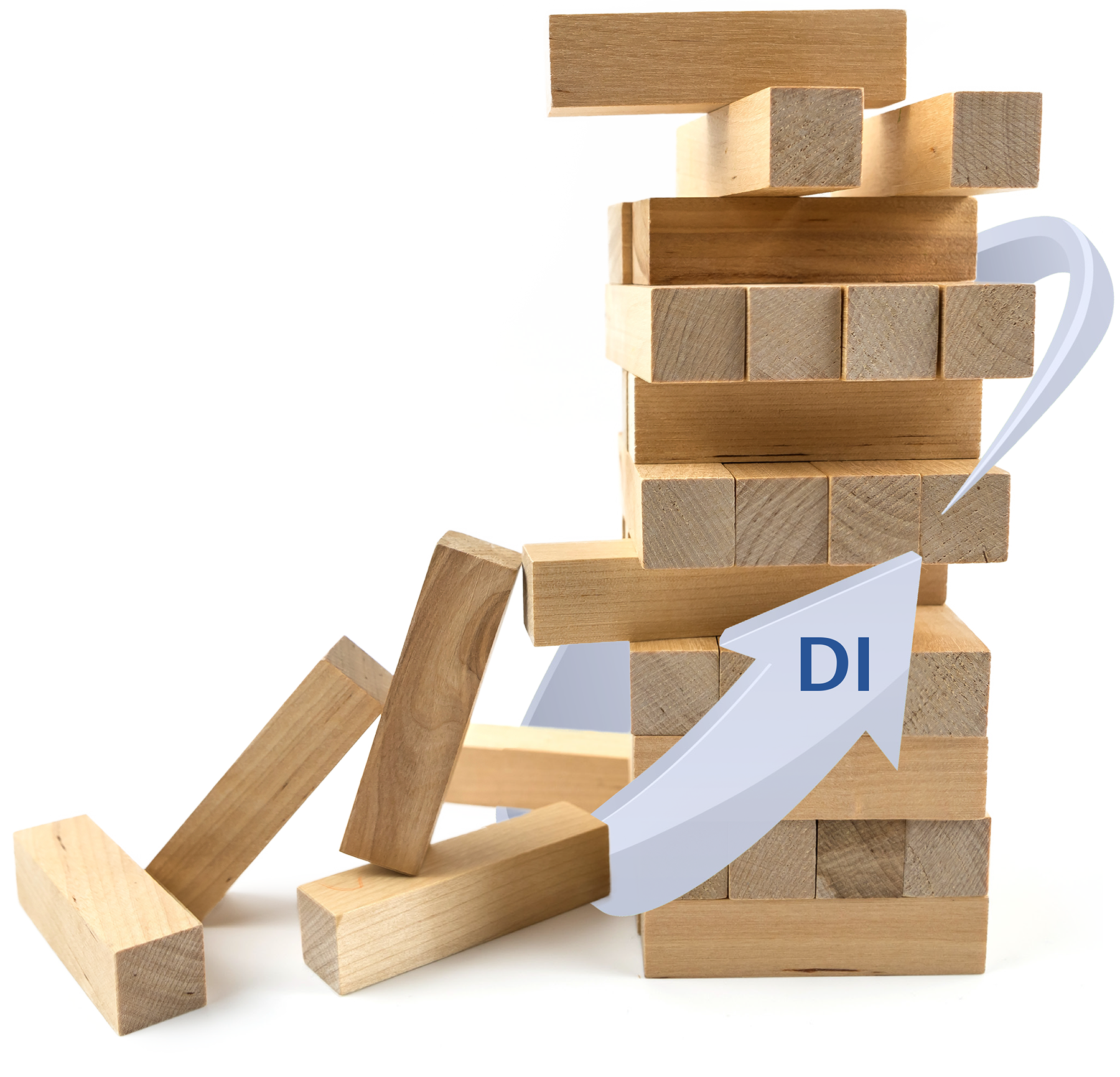 tower of wooden blocks wrapped by a blue arrow with the letter DI on it