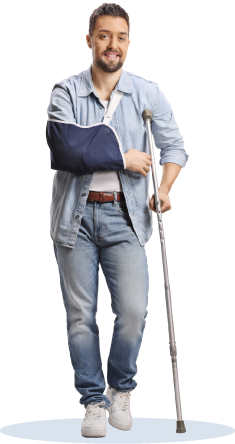 illustrated graphic of a man with a laptop and one arm in a sling