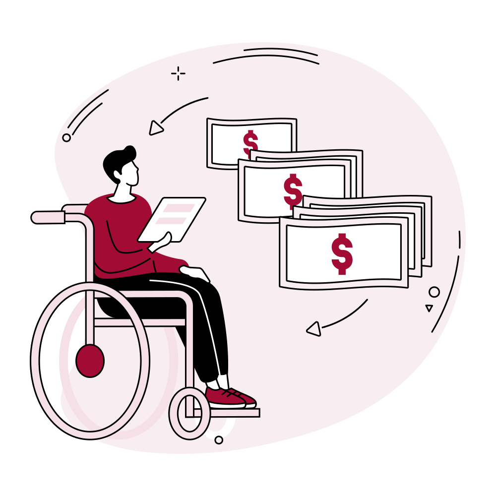 illustrated graphic of a person in a wheelchair with cash