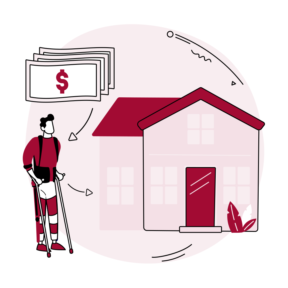 illustrated graphic of a man with crutches outside of his home