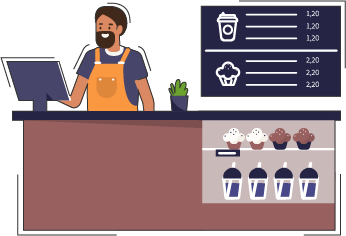 illustrated graphic of a small business owner at the counter