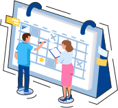 illustrated graphic of a calendar with 2 people in front of it