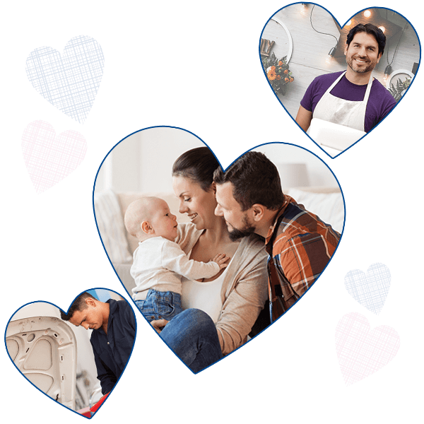 collage of heart-shaped graphics and 3 heart shaped photos showing a small business owner, a married couple with a baby and a mechanic working on a car
