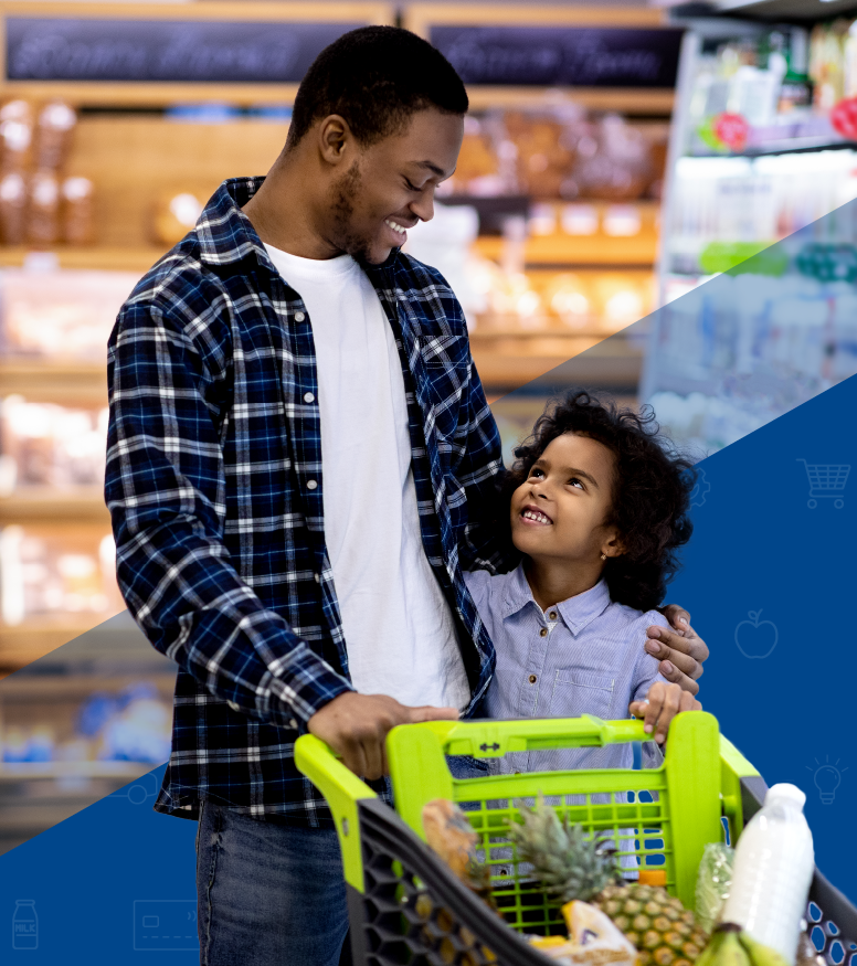 Father and son grocery shopping