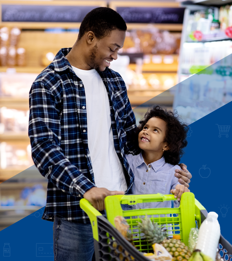 Father and son grocery shopping