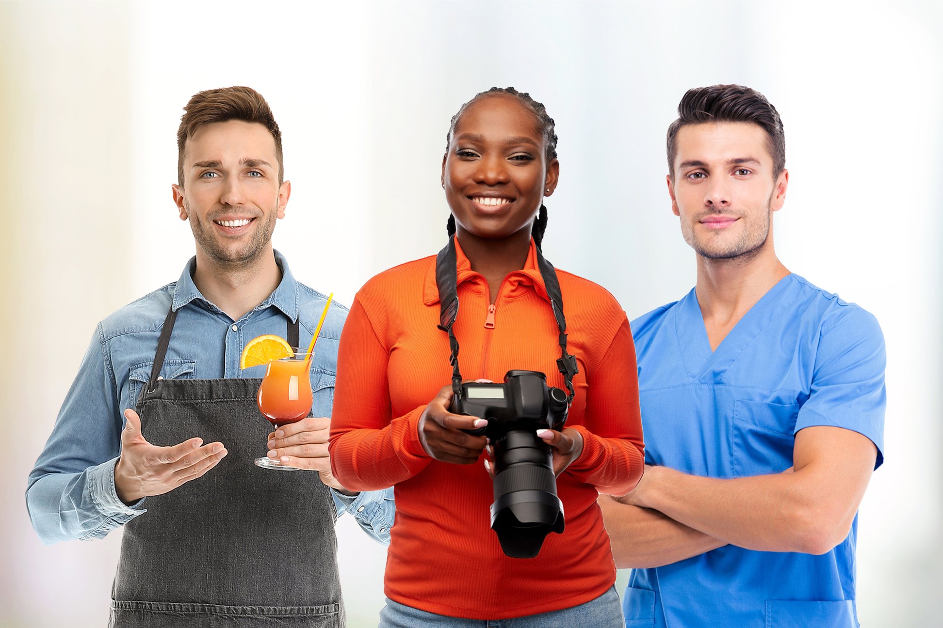 picture of a bartender, medical intern and a photographer